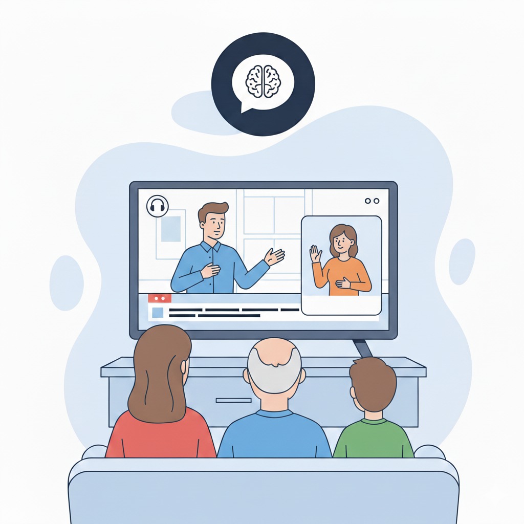 Ilustração de acessibilidade comunicacional com intérprete de Libras e legendas.