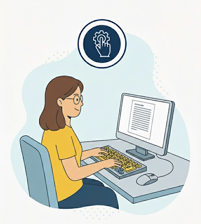 Ilustração de tecnologias assistivas como leitores de tela e teclados adaptados.