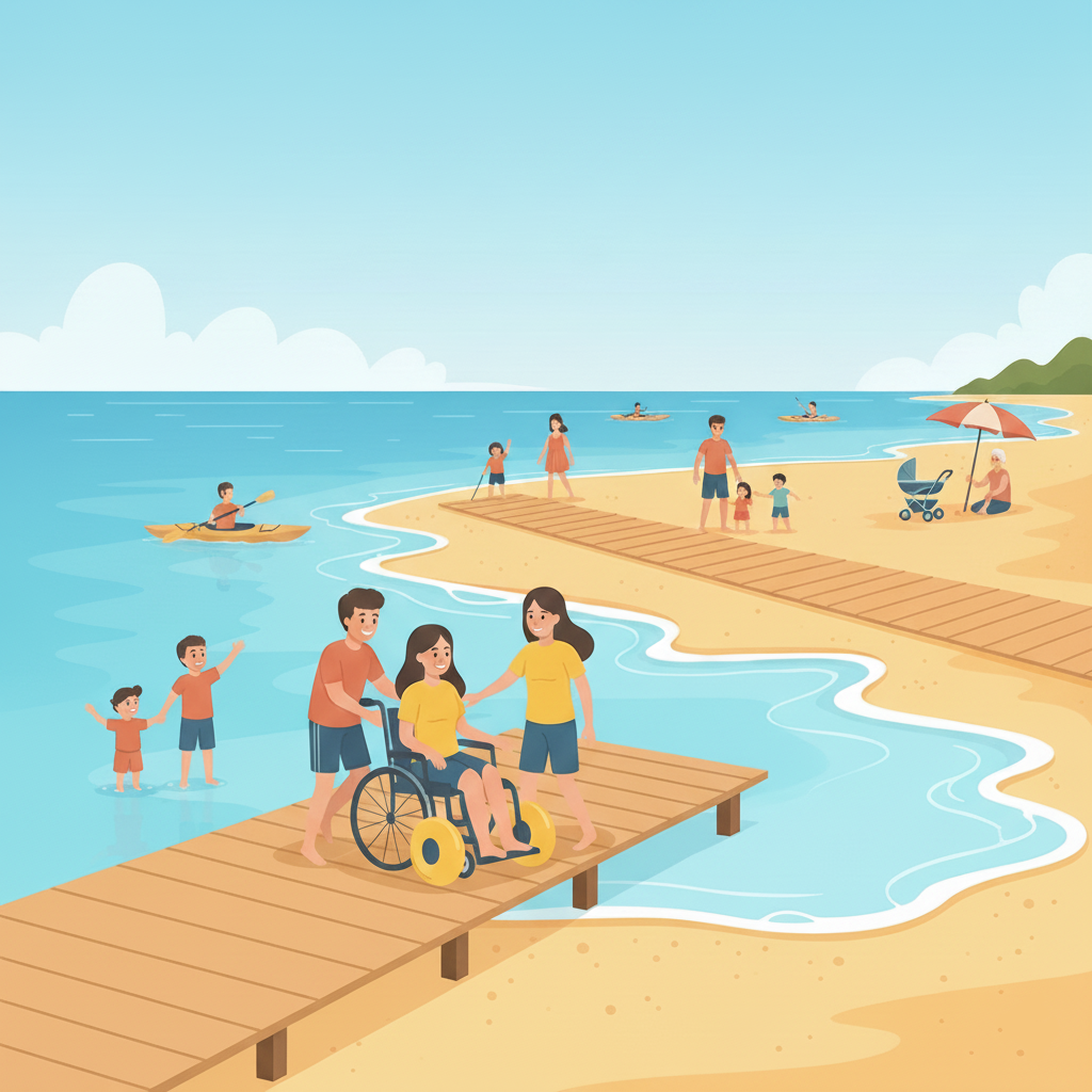 Ilustração de acessibilidade natural em praias e trilhas adaptadas.